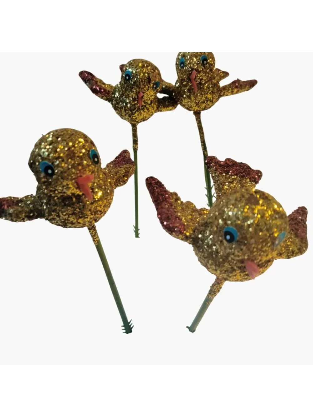 Glitter Gold Bird Ornament Green Wire Stem Decoration Crafting Lot 4
